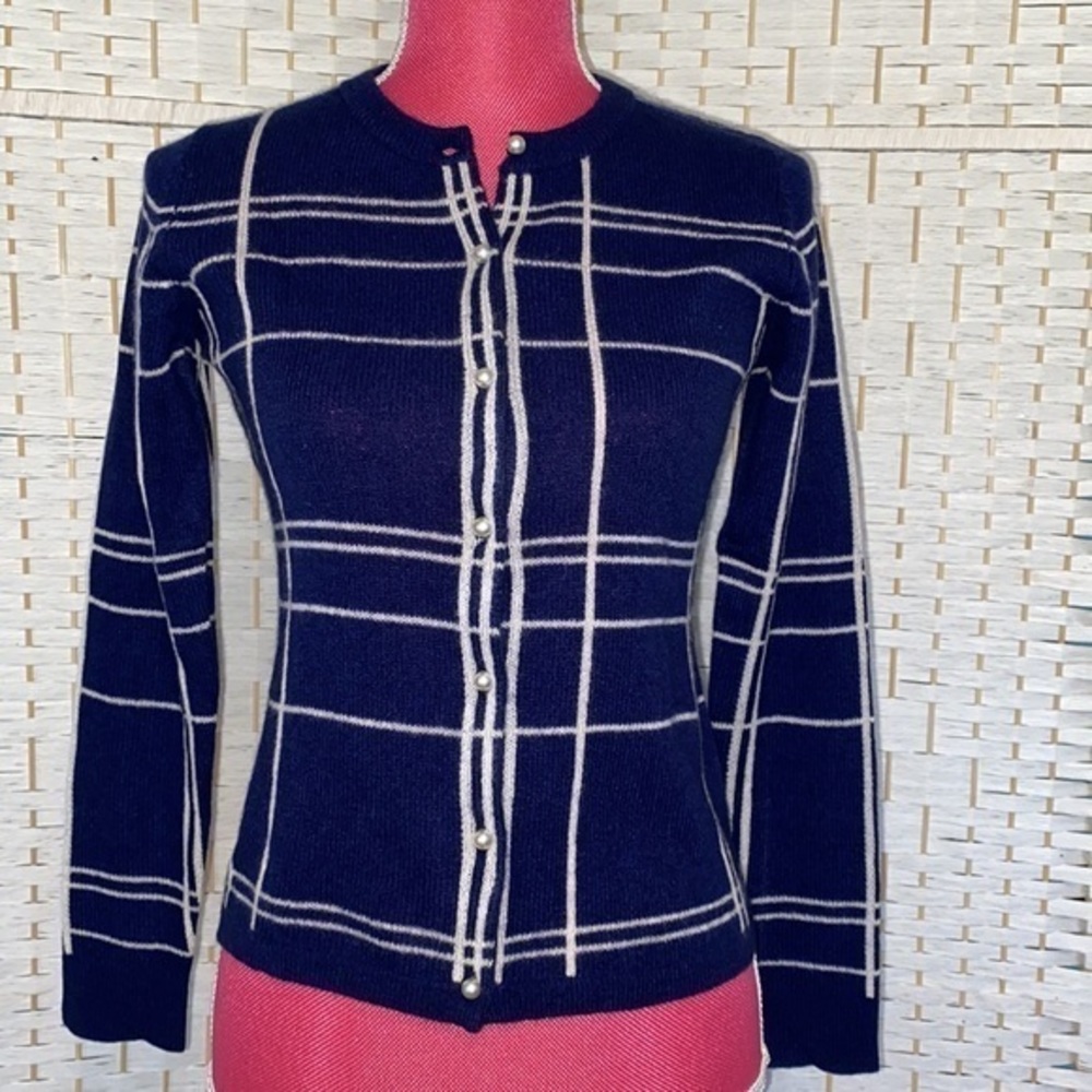 Caroline Grace Cashmere Windowpane Plaid Cardigan Navy and Cream XS